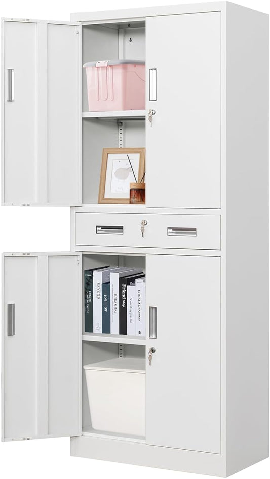 Metal Storage Cabinet, 71 Inch Tall Metal Storage Cabinet with Doors and Shelves, Pantry Cabinets with Drawer for Kitchen Storage, Garage Cabinet for Living, Dining Room, Assemble Required.