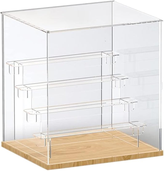 Choowin 5 Tier Clear Acrylic Display Case for Collectibles, Mini Figures, Pop Mart, Labubu, Sonny Angel, Smiski - Assemble Dustproof Acrylic Display Box with Door, Stand (Wood Base, Clear Step)