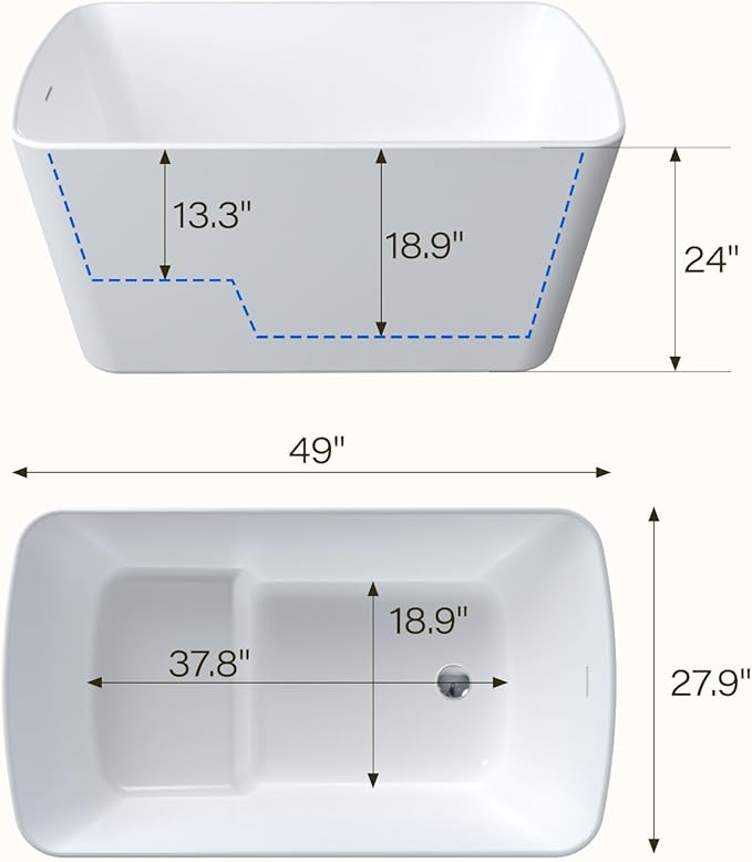 49" Acrylic Freestanding Bathtub - Japanese Square Soaking Tub with Built-in Seat, Toe-Tap Drain & Overflow, Glossy White, Compact Space-Saving Bath for Bathrooms