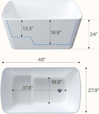 49" Acrylic Freestanding Bathtub - Japanese Square Soaking Tub with Built-in Seat, Toe-Tap Drain & Overflow, Glossy White, Compact Space-Saving Bath for Bathrooms