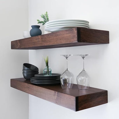 Urbandi Modern Floating Shelves 3 Inches Thick for Wall, Wide Shelves for Kitchen, Living Room, Bedroom, and Bathroom, Natural Pine Wood, Rustic Wooden Shelf, (Set of 2) (Provincial, 24Lx3Hx6D)