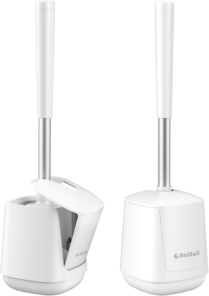 SetSail Toilet Brush 2 Pack, Self Closing Lid Toilet Bowl Brushes Holder and Extra Long Handle Ventilated Toilet Brush Set for Bathroom Cleaning, Nylon Bristles, Pure White