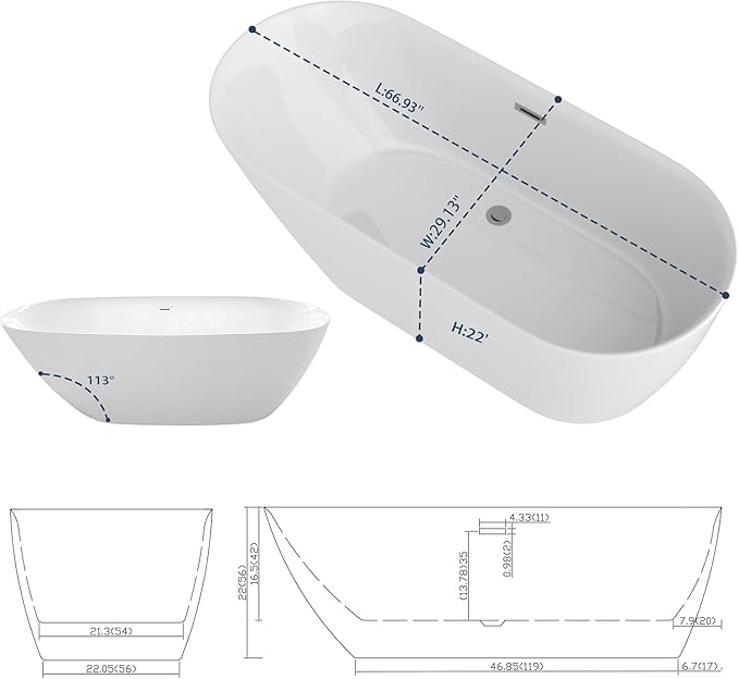 Sarlai 67 Inch Acrylic Freestanding Soaking Bathtub Contemporary Soaking White Tub Stand Alone Ergonomic Bathtub with Chrome Drain and Overflow