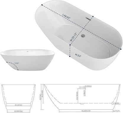 Sarlai 67 Inch Acrylic Freestanding Soaking Bathtub Contemporary Soaking White Tub Stand Alone Ergonomic Bathtub with Chrome Drain and Overflow