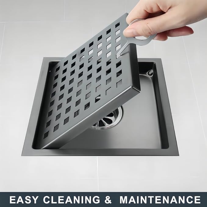6 Inch Square Shower Drain, SUS 304 Stainless Steel Shower Drain with Flange, Removable Grid Cover Hair Strainer, High Flow Shower Floor Drain, Gun Grey