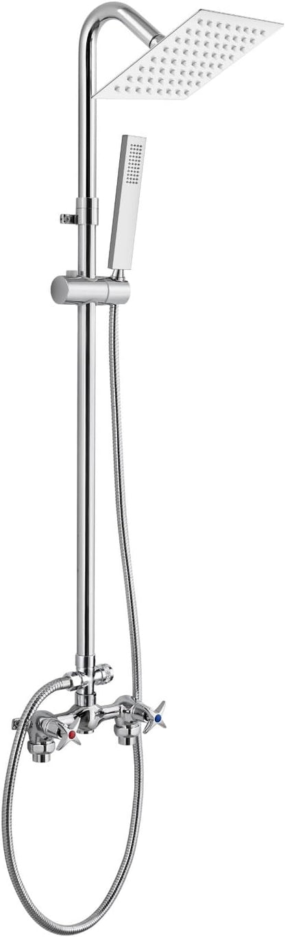 Wall Mount Outdoor Shower Kit Polish Chrome 6" Square Rainfall Shower Head with Hand Held Spray Double Cross Handles with Adjustable Slide Bar Exposed 2 Function Shower Faucet Fixture