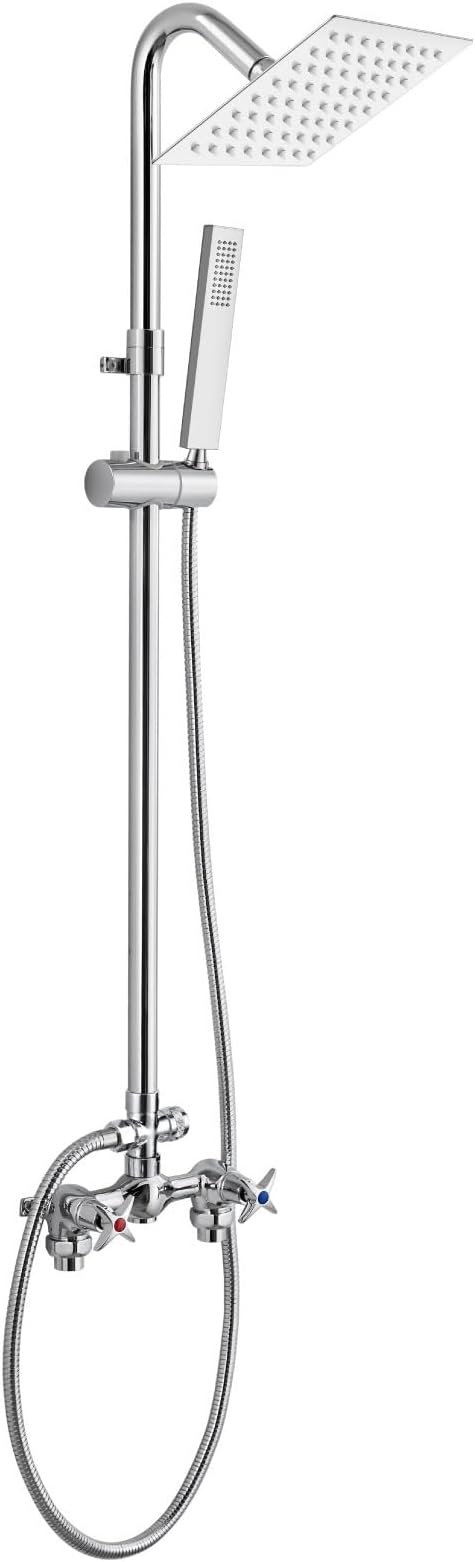 Wall Mount Outdoor Shower Kit Polish Chrome 6" Square Rainfall Shower Head with Hand Held Spray Double Cross Handles with Adjustable Slide Bar Exposed 2 Function Shower Faucet Fixture