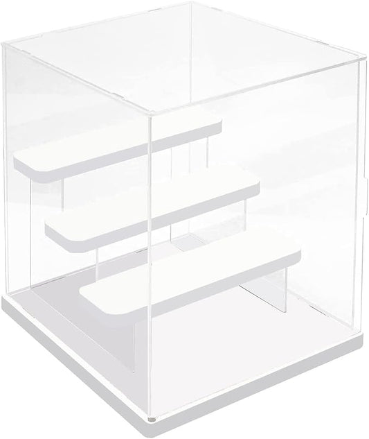 Choowin 4 Tier Small Clear Acrylic Display Case for Collectibles, Mini Figures, Pop Mart, Labubu, Sonny Angel, Smiski - Assemble Dustproof Acrylic Display Box with Door, Stand (White Base Step)
