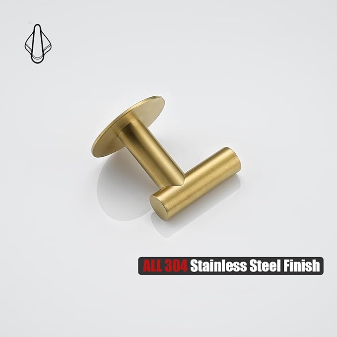 JQK Self Adhesive Towel Hook Gold, No Drill Stick on Coat Robe Clothes Wall Hook for Bathroom Kitchen Garage 2 Pack, 304 Stainless Steel Brushed Gold, ATH110-BG-P2