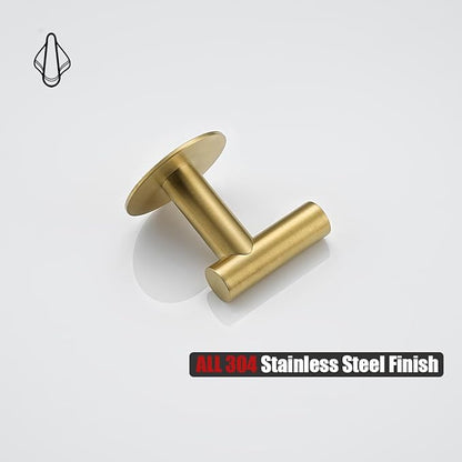 JQK Self Adhesive Towel Hook Gold, No Drill Stick on Coat Robe Clothes Wall Hook for Bathroom Kitchen Garage 4 Pack, 304 Stainless Steel Brushed Gold, ATH110-BG-P4