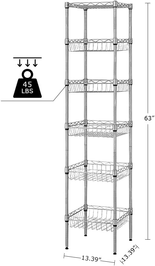 BNSPLY 6 Tier Wire Shelving Unit with Baskets Shelving, Height Adjustable Wire Shelves, Metal Storage Rack for Kitchen, Bathroom, Laundry Closet (13.5" D x 13.5" W x 63" H, Silver)