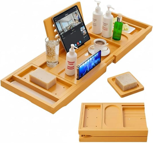 Bamboo Bathtub Caddy Tray Expandable & Foldable Bath Shelf with Book, Tablet & Wine Holder Adjustable Wooden Bath Tray for Relaxing Spa at Home – Fits Most Tub Sizes.