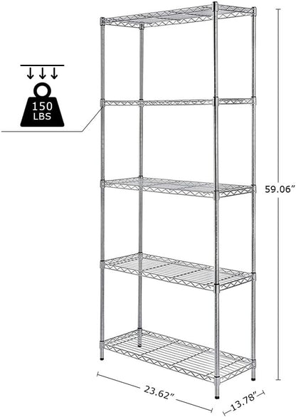 5 Tier Wire Shelving Unit with NSF Certified, Adjustable Wire Shelves with 750 LBS Capacity, Metal Storage Rack for Laundry, Kitchen, Bathroom, Pantry, Closet (13.78" D x 23.62" W x 59.06" H, Chrome)