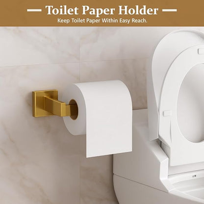 5-Piece Bathroom Hardware Set， Brushed Gold Bathroom Accessories 304 Stainless Steel， Including 23.8 inch Bath Towel Bar*2, Double Towel Hook, Toilet Paper Holder, and Towel Ring