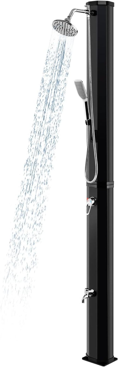 Goplus 9.3 Gallon Solar Heated Outdoor Shower, 7.2 FT Freestanding Garden Shower w/ 360° Swivel Shower Head, Foot Shower, Temperature Adjustment, for Poolside Backyard Beach (Black w/Handle Head)