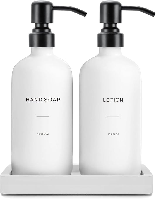 White Soap Dispenser Set, Contains Hand and Lotion Dispenser with Pump. Perfect for Guest Bathroom Decor. (White)