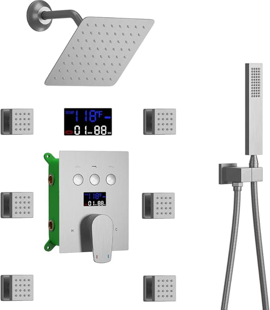 Bathroom Rainfall Shower System Wall Mount 8 Inch Shower Head With Handled Spray 6 Pcs jets Temperature Display Shower Faucet Set (Brushed Nickel)