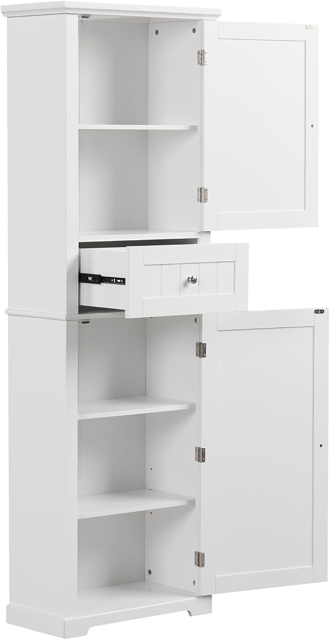 Favfurish Tall Bathroom Storage Cabinet with Doors and Drawer,Modern Linen Cabinets w/Adjustable Shelf & Anti-Toppling Device,Freestanding Narrow Cabinet for Bathrooms,Living Room, Entryway,White