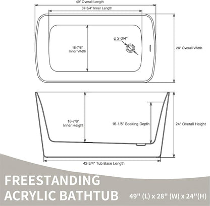 Abruzzo 49" Small Freestanding Bathtub - Square Acrylic Soaking Tub for Small Spaces, Japanese Style Deep Soak with Chrome Overflow & Quick Drain, Gloss White cUPC Certified Compact Bathtub