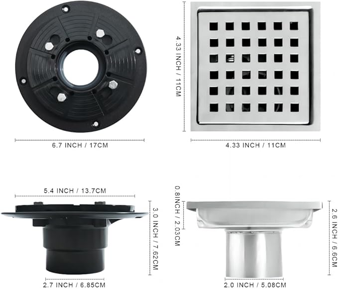 6 Inch Square Shower Floor Drain, Stainless Steel Flange with Removable Grid Cover Hair Strainer, Brushed Nickel
