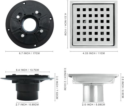 6 Inch Square Shower Floor Drain, Stainless Steel Flange with Removable Grid Cover Hair Strainer, Brushed Nickel