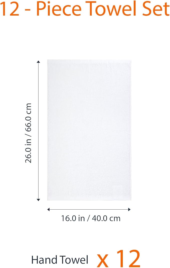 Amazon Basics Soft and Thick Cotton Hand Towels, 16 x 26 in, White, 12-Pack