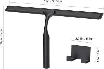 Shower Squeegee for Glass Doors, Shower Squeegee for Tile Shower Walls, Stainless Steel Squeegee for Bathroom, Windows and Mirrors with Storage Hook-12”, Black