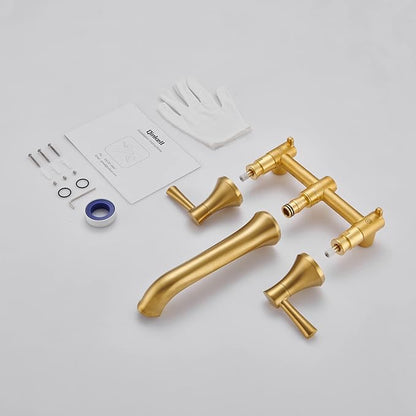 Wall Mount Tub Filler Roman Tub Faucet Brushed Gold Brass Bathtub Faucets with 2 Handles