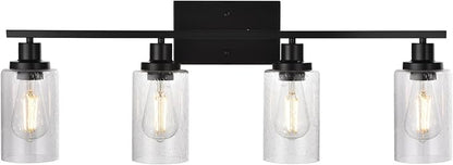 Black 4-Light Bathroom Light Fixtures with Seeded Glass Shade, 31-Inches Length Farmhouse Vanity Lights Over Mirror for Cabinet Kitchen Bedroom