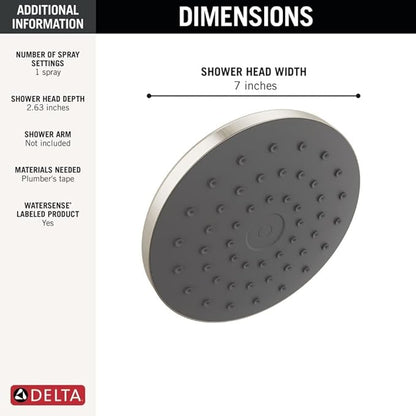 Delta PivotPro Brushed Nickel Rain Showerhead, Single Setting 7 Inch Round Shower Head, Showerheads, 1.75 GPM Flow Rate, SpotShield Brushed Nickel 75103SN