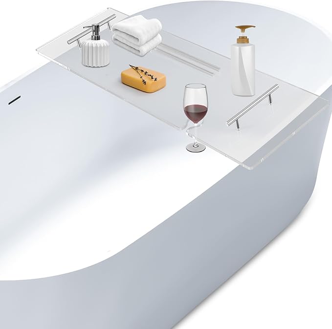 Acrylic Bathtub Tray Clear Bathtub Caddy Bath Tray Table for Tub Luxury Spa with Book and Wine Glass Holder Bathroom Accessories for Bathroom Decoration, Transparent 35.4inch