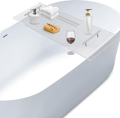 Acrylic Bathtub Tray Clear Bathtub Caddy Bath Tray Table for Tub Luxury Spa with Book and Wine Glass Holder Bathroom Accessories for Bathroom Decoration, Transparent 35.4inch
