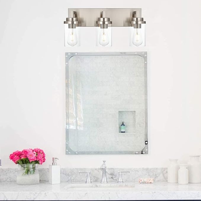 MELUCEE 3-Light Vanity Lights Brushed Nickel with Clear Glass Shade, Modern Bathroom Light Fixtures Industrial Wall Light for Bedroom Kitchen Living Room