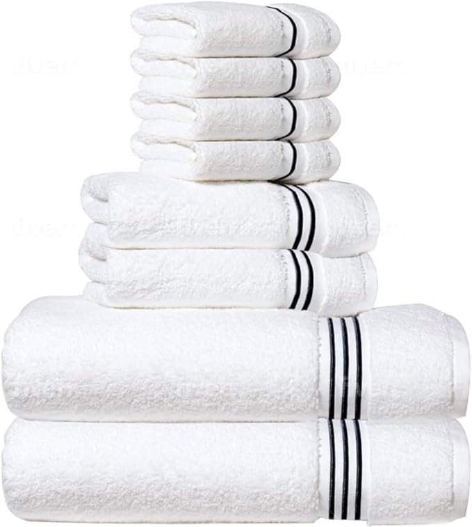 8-Piece Premium Towel Set, 2 Bath Towels, 2 Hand Towels, and 4 Wash Cloths, 100% Ring Spun Cotton Highly Absorbent Towels for Bathroom, Gym, Hotel, and Spa
