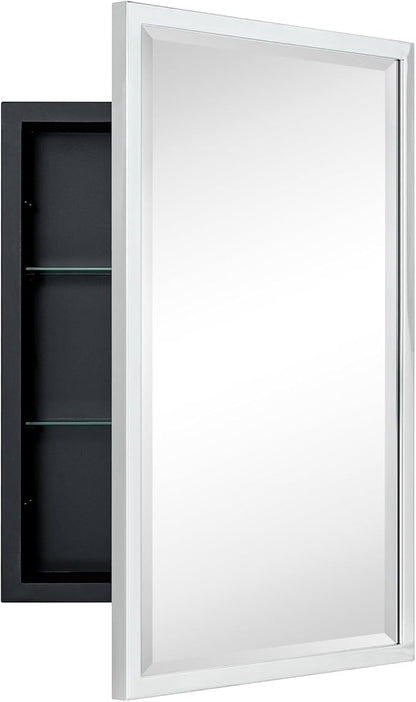 TEHOME Chrome Recessed Bathroom Medicine Cabinet with Mirror Squared Cornered Rectangle Metal Framed Medicine Cabinet with Beveled Mirror 16x24''