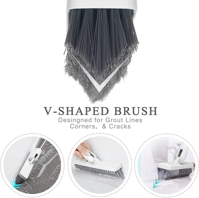 LandHope Grout Brush with Long Handle 50inches Grout Cleaner for Tile Floors Crevice Floor Scrub Brush 120° Rotatable Bathtub Clean Tool Grout Scrubber Indoor Kitchen Shower for Hard to Reach Areas