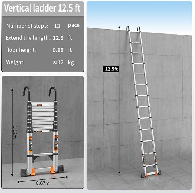 Telescoping Ladder,with Stable Hook and stabilizer barand,Extension Ladder, Heavy Duty 330lbs Max Capacity, Multi-Purpose Collapsible Ladder for RV or Outdoor Work (Aluminum, 12.5FT/3.8M(A-Button))