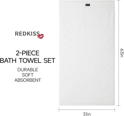 REDKISS Large Bath Towels Set 2 Piece, 100% Cotton, 31x63 in,Heavyweight 760G, Highly Absorbent & Quick Dry, Super Soft Luxury Shower Towels for Bathroom,Hotel Collection - White