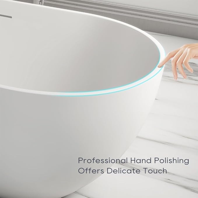 SJ STAR&JANE 69" Solid Surface Freestanding Bathtub, Matte White Oval Stone Resin Soaking Tub Stand Alone Tub with Overflow and Pop-up Drain for Modern Bathrooms