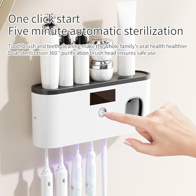 Toothbrush Holders for Bathrooms, Toothbrush Holder Wall Mounted with Toothpaste Dispenser Bathroom Solar Charging and No Drilling Required Tooth Brush Holder with 5 Brush Slots（Black）