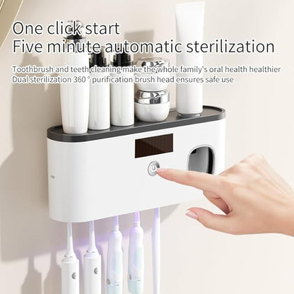 Toothbrush Holders for Bathrooms, Toothbrush Holder Wall Mounted with Toothpaste Dispenser Bathroom Solar Charging and No Drilling Required Tooth Brush Holder with 5 Brush Slots（Black）