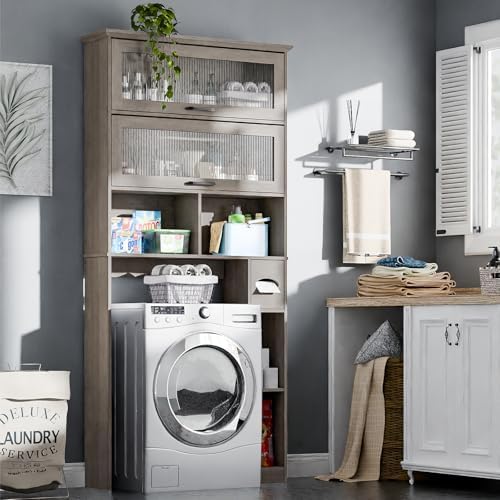 Over The Toilet Storage Cabinet with Transparent Door, Toilet Paper Storage Cabinet with Multi Layer Shelves Suitable for Bathroom, Laundry Room, Freestanding Bathroom Storage Rack,Grey