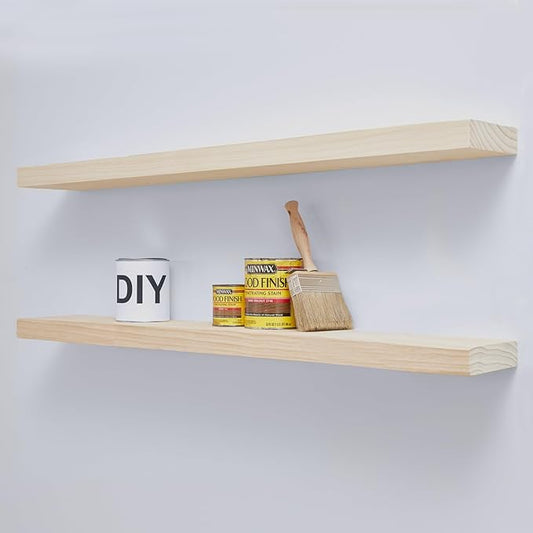 Homeforia 42 inch Wood Floating Shelf, High End Solid Natural Wood 42inch Large Floating Shelves for Wall Mounted, Unfinished Wooden Floating Shelves, Heavy Duty Bracket, 42 X 6.5 X 1.75 in, Set of 3