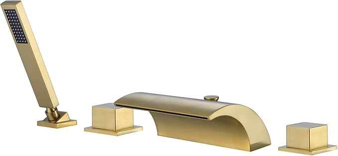 sumerain Waterfall Roman Tub Faucet with Hand Shower Brushed Gold Finish High Flow