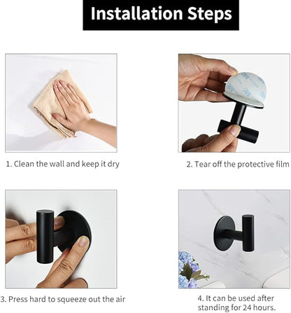 Self Adhesive Towel Hook Matte Black Coat Hook Brushed Nickel SUS304 Stainless Steel Heavy Duty Waterproof Towel Robe Clothes Hook Holder for Bathroom Kitchen Office Hotel Pool Wall Mounted Hook-2Pack
