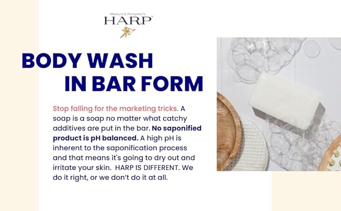 HARP pH-Balanced (5.0-6.0) Exfoliating Body Wash Bar - FRAGRANCE FREE. Bamboo Powder Exfoliation -the perfect consistency. Soap/Lye/Preservative/Dye/Masking agent-Free. Non-comedogenic.