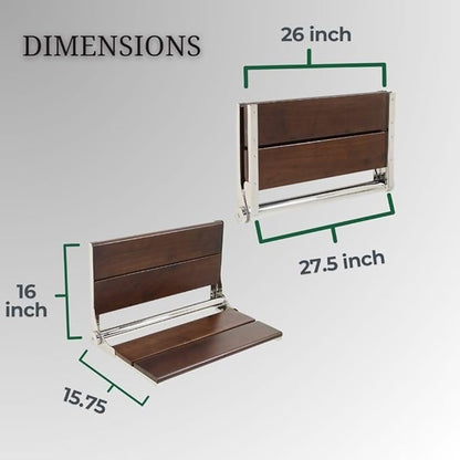 Folding Shower Seat Wall Mounted with Back | 500 lbs Maximum Load Capacity | ADA Compliant Safety Assist Teak Shower Seat for Seniors, Handicapped, and Children | 304 Stainless Steel Frame | 26” x 16”