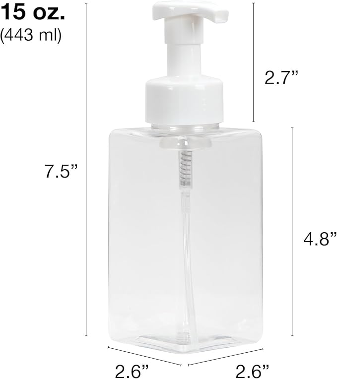 Ginger Lily Farms Foaming Soap Dispenser, Refillable Plastic Pump Bottles for Liquid Hand Soap, 15 oz. Clear Bottle with White Pump, 2-Pack