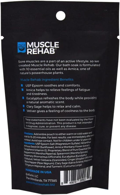 Muscle Rehab| (5) Travel Epsom Soak Packets Arnica, Magnesium Salt, Body, Hand, Foot Pain Relief, Sore Feet Relief, Foot Bath Soak, Epson Salts for Soaking Feet, Stiffness and Pain Relief, Single use