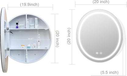 20inch Round Medicine Cabinet with Lights,Led Medicine Cabinet with Defogger,Illuminated Mirror Cabinet for Bathroom,Dimmable,Anti-Fog,3 Colors,Surface Mount Only,White